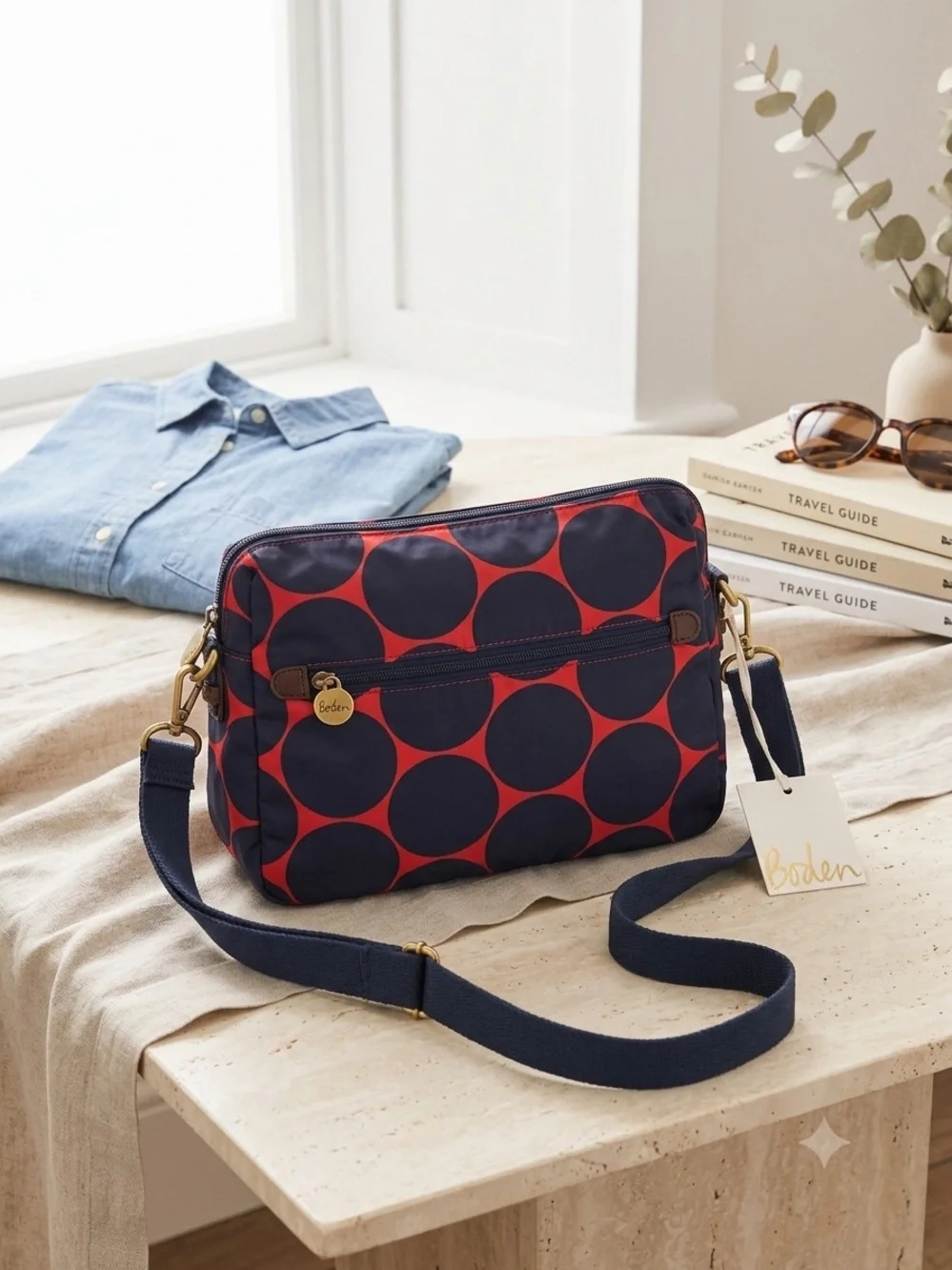 Boden Barnsbury Navy and Red Large Dot Crossbody Bag
